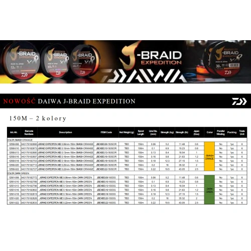 Daiwa J-Braid Expedition X8E 0.18mm 150m Orange